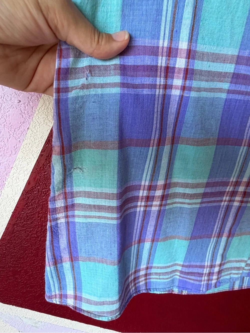 Vintage L.L. Bean Plaid Shirt Sz 18 Made in USA Purple Teal Short Sleeve